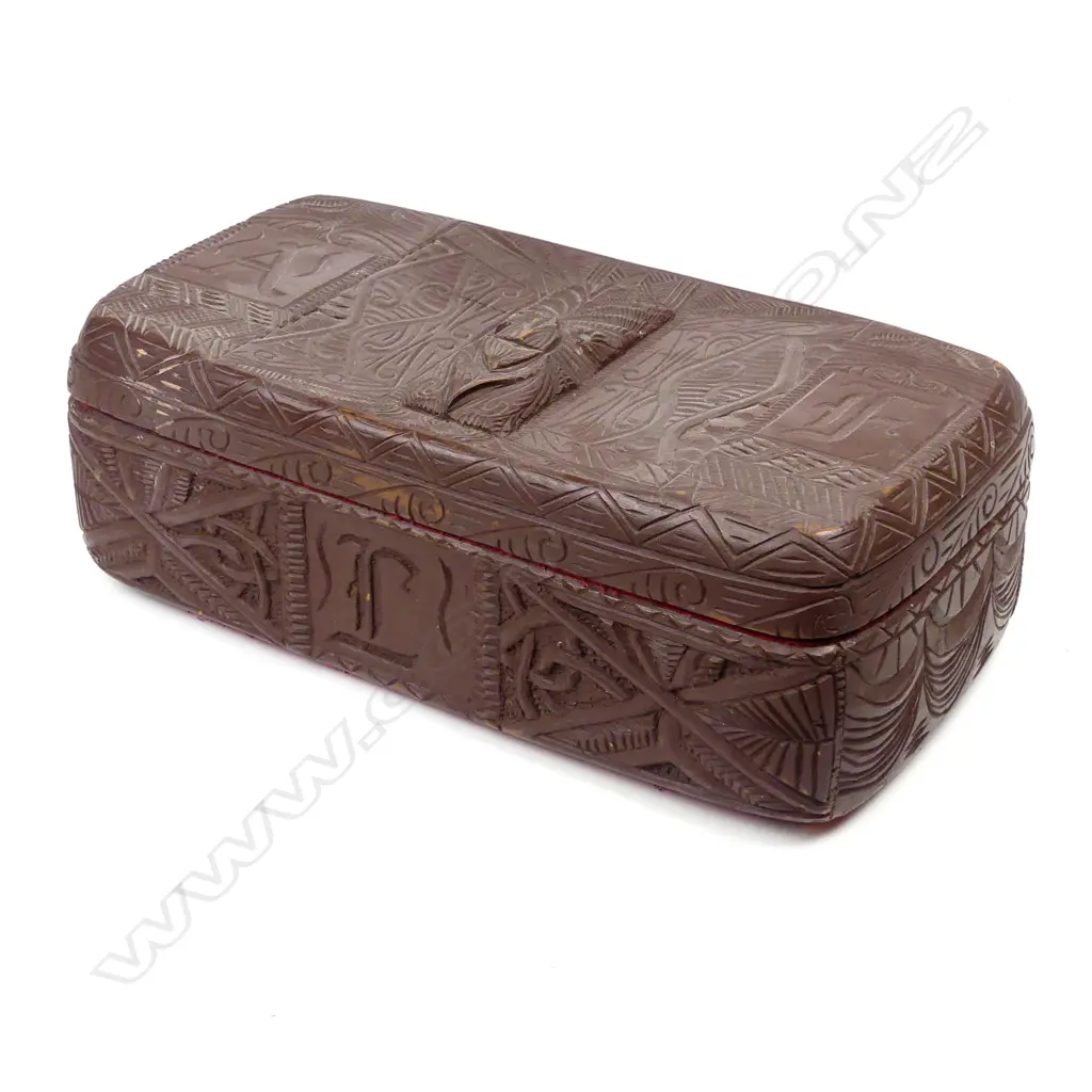 A 1930/40s New Zealand Maori carved treasure box of rectangular form Image 1++