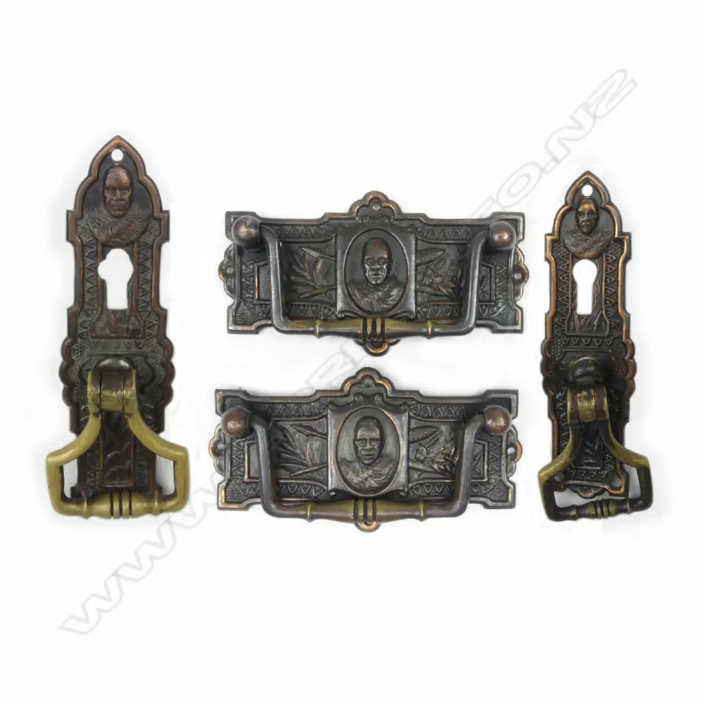 Four Anton Teutenberg (1840-1933) Maori decorated pressed copper furniture handles Image 1++