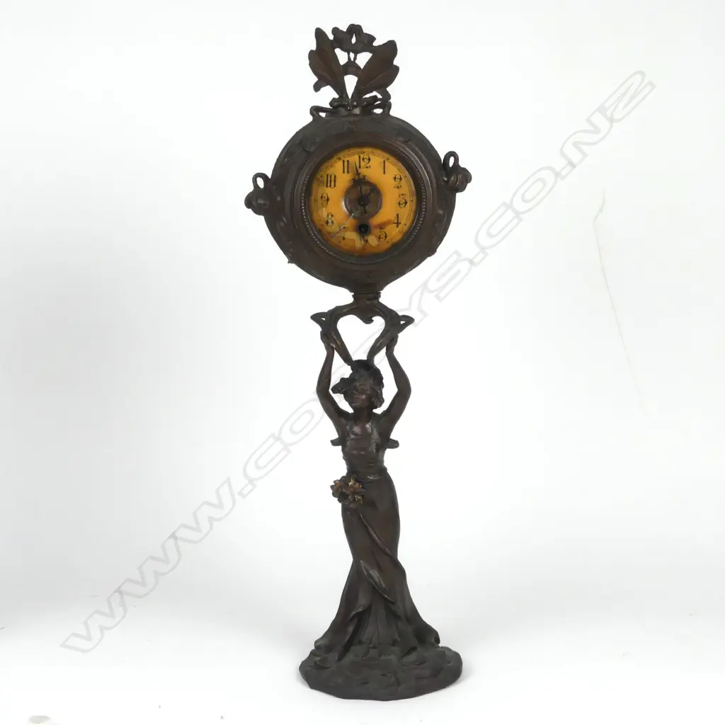 An Art Nouveau spelter bronze figural based clock Image 1++