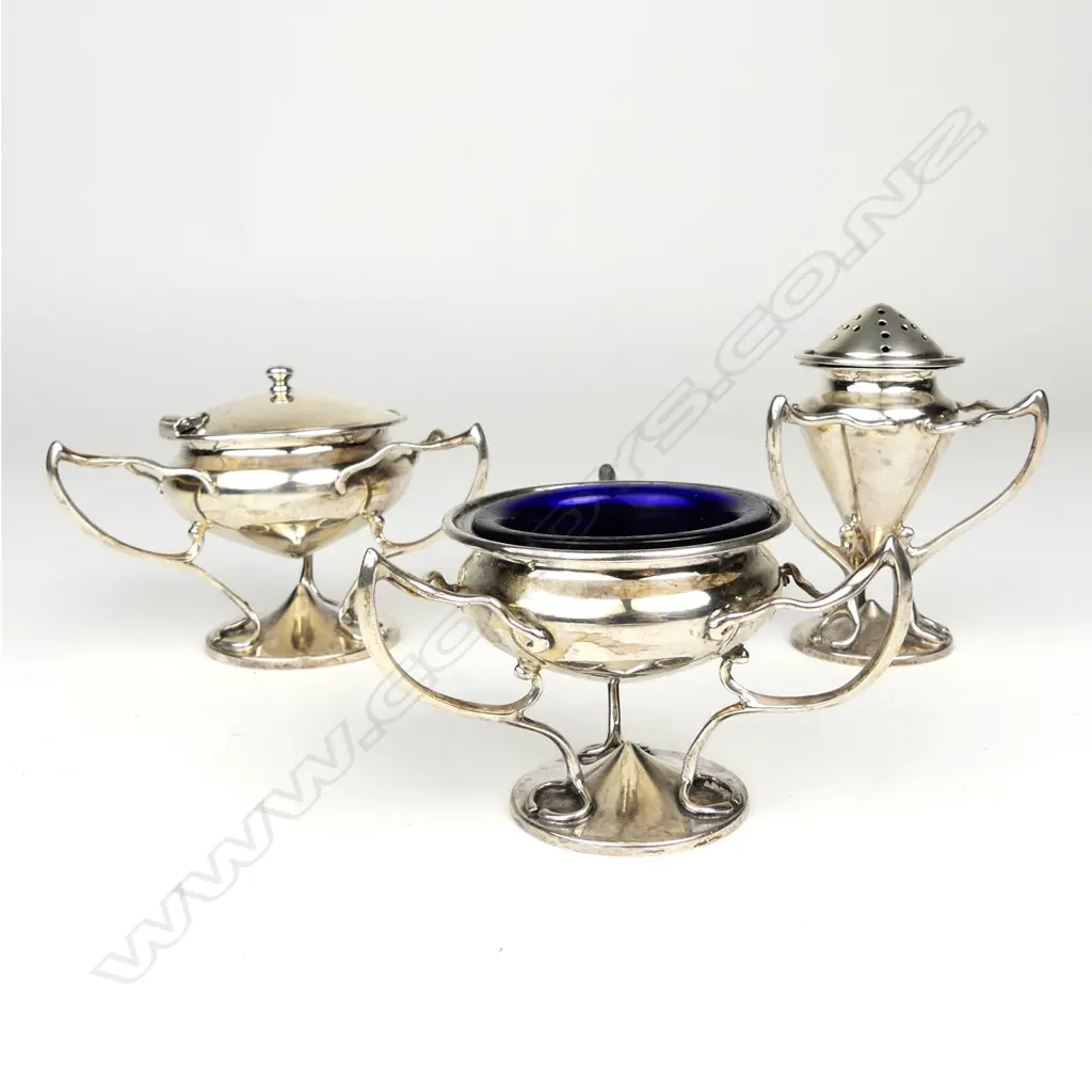 An Art Nouveau three piece silver condiment set Image 1++