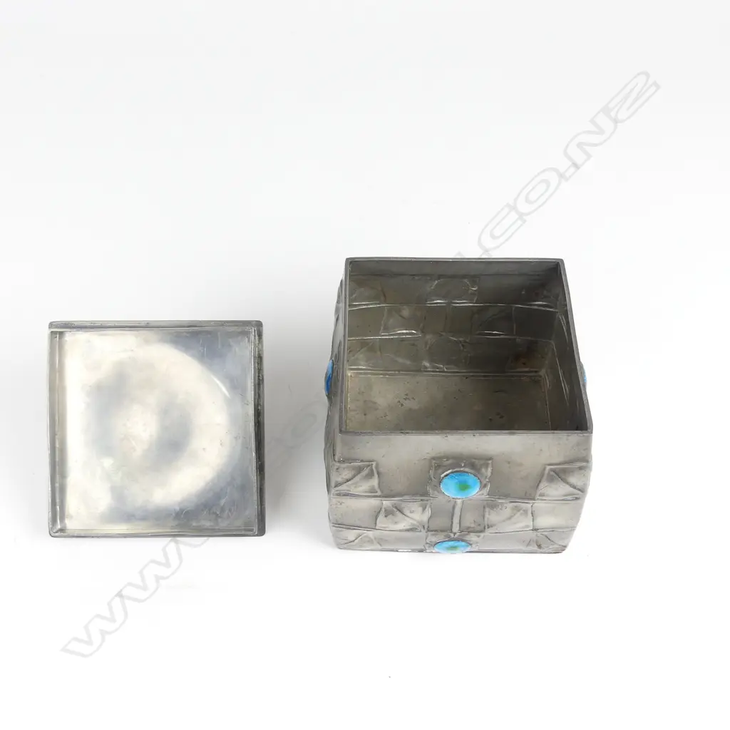 An English Pewter (Tudric) Archibald Knox design pewter and enamelled biscuit box Image 1++