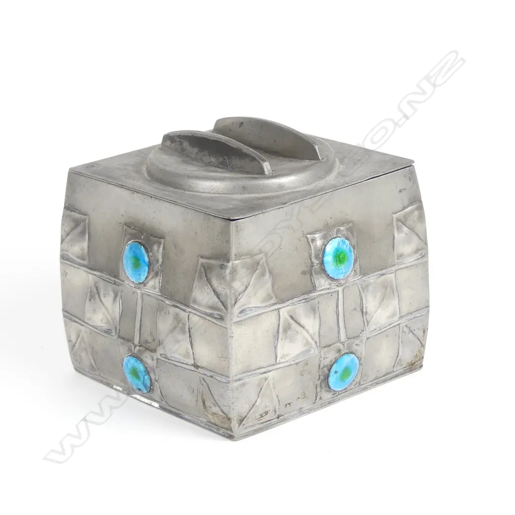 An English Pewter (Tudric) Archibald Knox design pewter and enamelled biscuit box Image 1++
