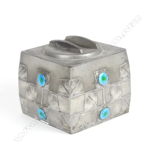 An English Pewter (Tudric) Archibald Knox design pewter and enamelled biscuit box