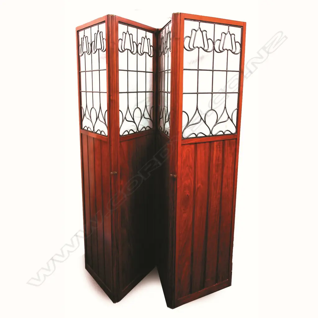 A good Scottish Art Nouveau period walnut and leadlight four fold screen Image 1++