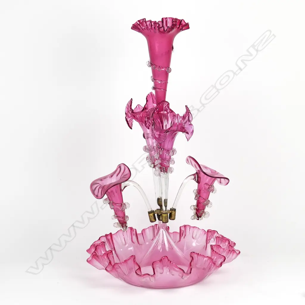 A Victorian cranberry glass five trumpet epergne Image 1++