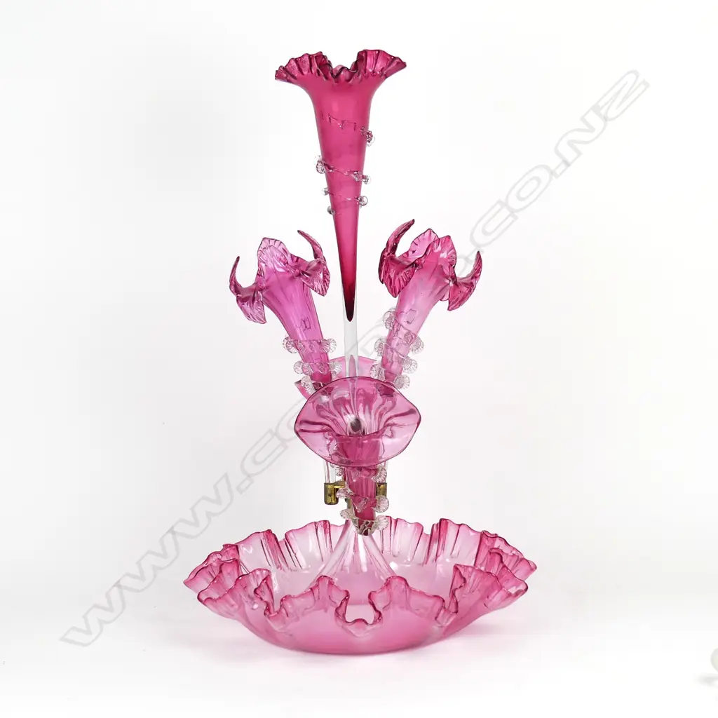 A Victorian cranberry glass five trumpet epergne Image 1++