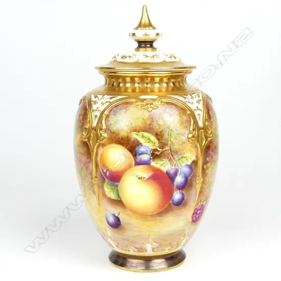 A Royal Worcester potpourri vase and cover painted with fruit by Leaman