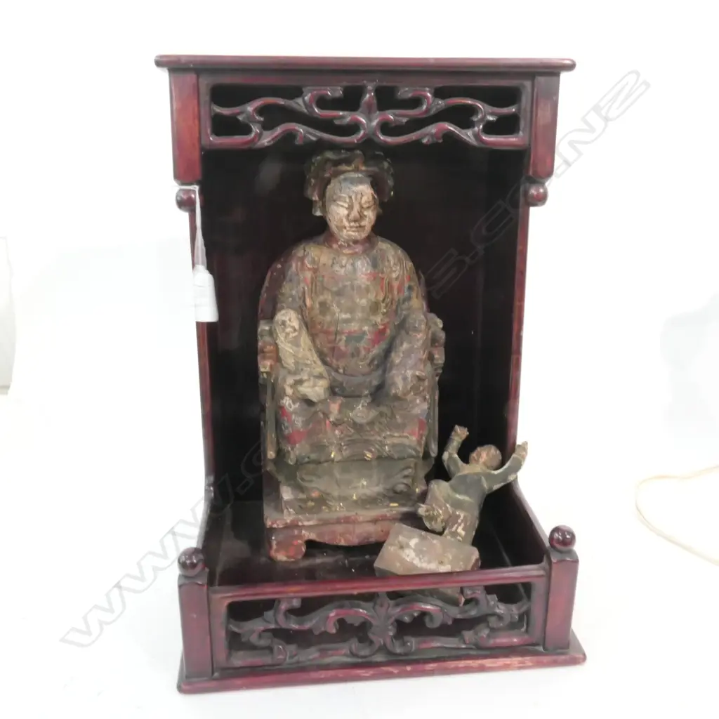 A Chinese Qing dynasty polychrome carved wooden shrine figure group Image 1++
