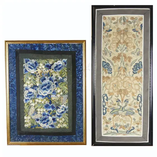 Two framed Chinese silk embroidered panels