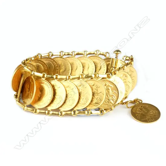 An impressive bracelet of twenty-two gold half sovereigns mounted in 22ct. yellow gold