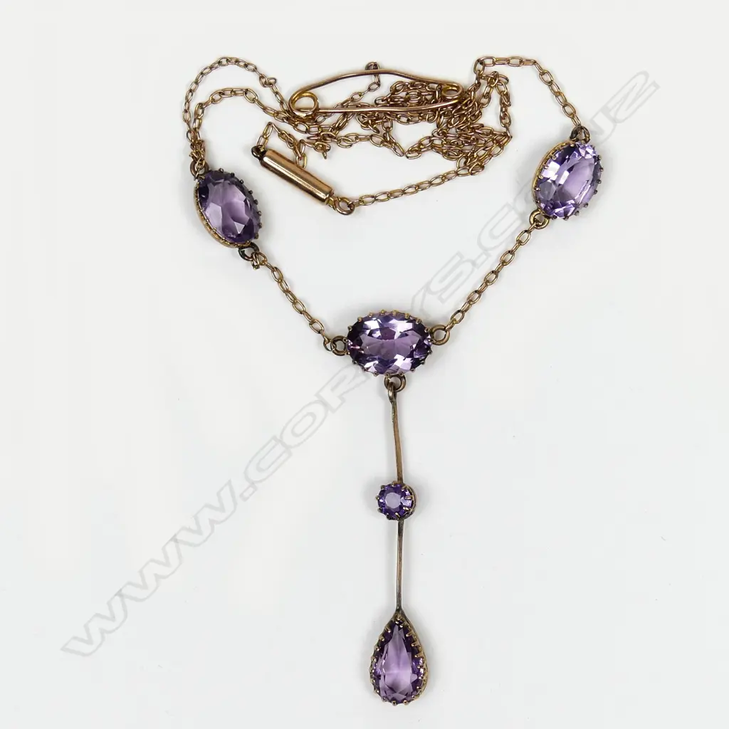 A vintage 9ct rose gold and amethyst drop necklace Image 1++