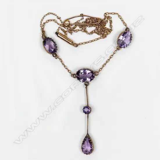 A vintage 9ct rose gold and amethyst drop necklace