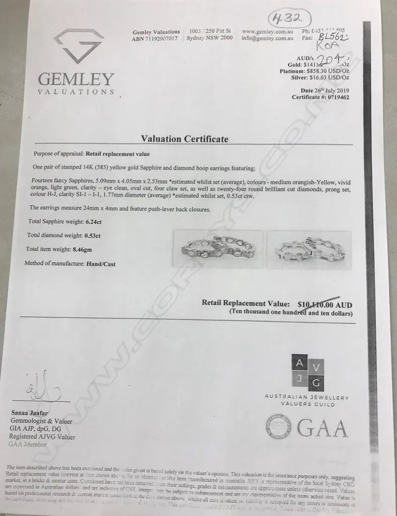 A pair of 14ct gold sapphire and diamond hoop earrings Image 1++