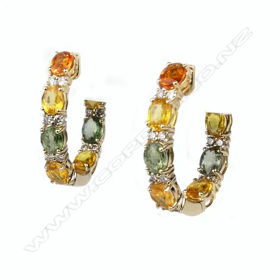 A pair of 14ct gold sapphire and diamond hoop earrings