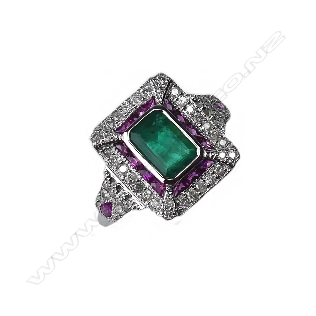 An 18ct white gold emerald ruby and diamond Art Deco style ring Image 1++