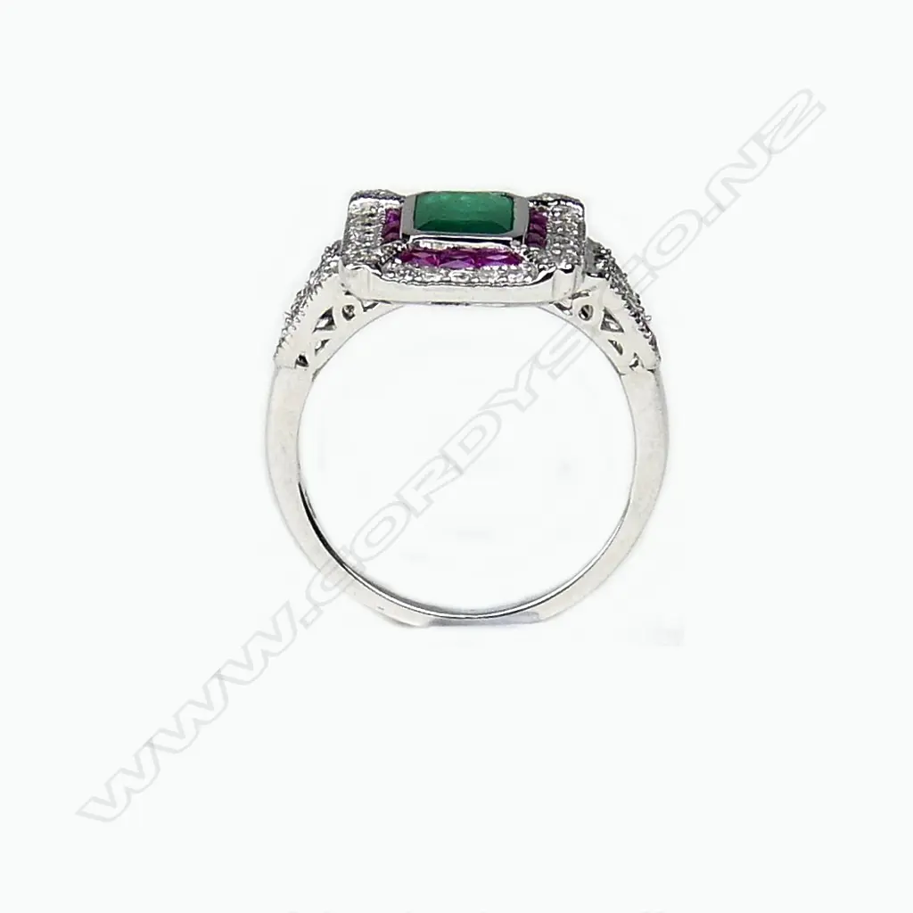An 18ct white gold emerald ruby and diamond Art Deco style ring Image 1++