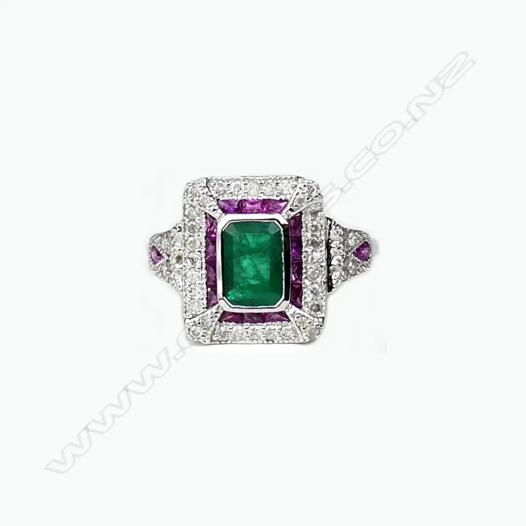 An 18ct white gold emerald ruby and diamond Art Deco style ring Image 1++