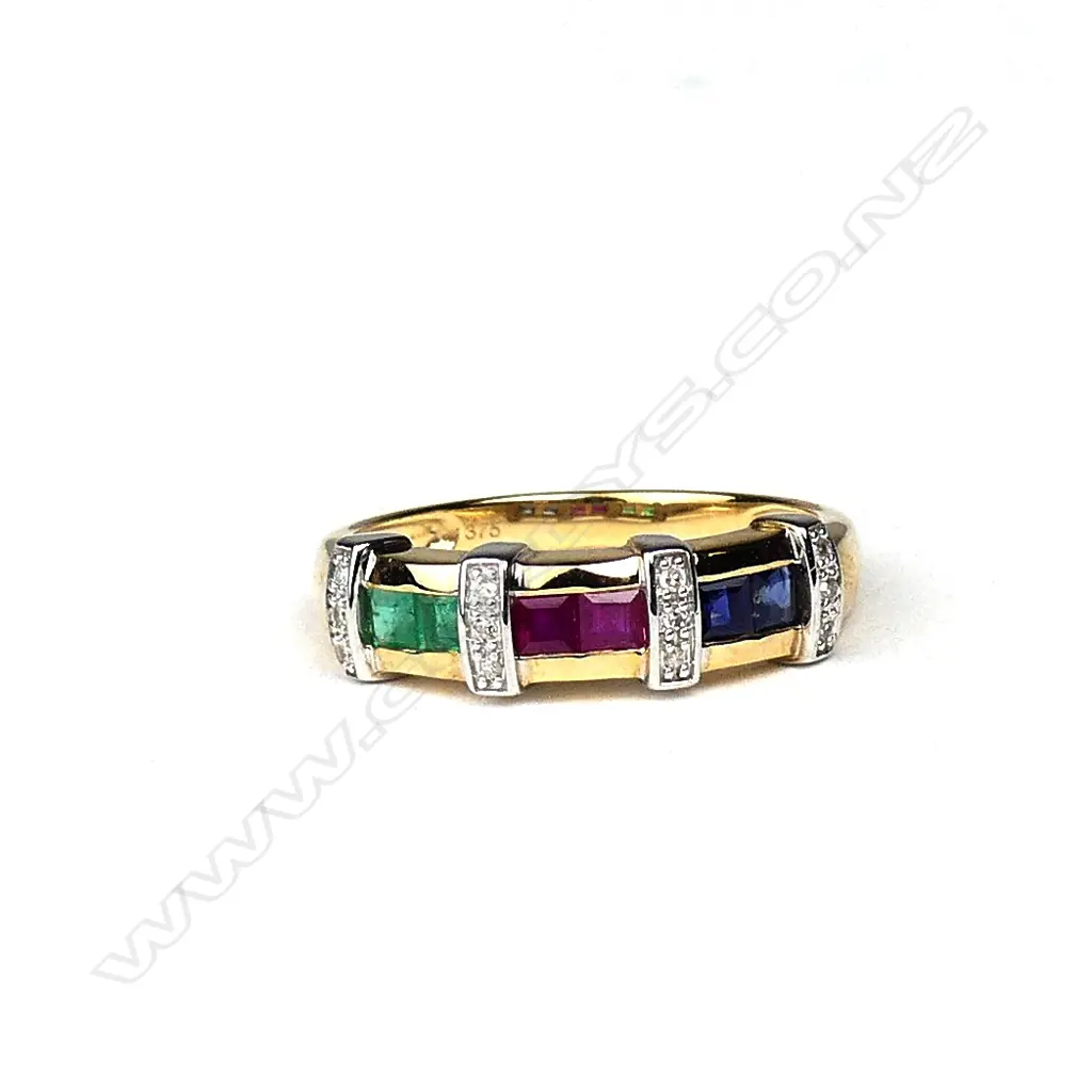 A 9ct gold sapphire ruby emerald and diamond dress ring Image 1++