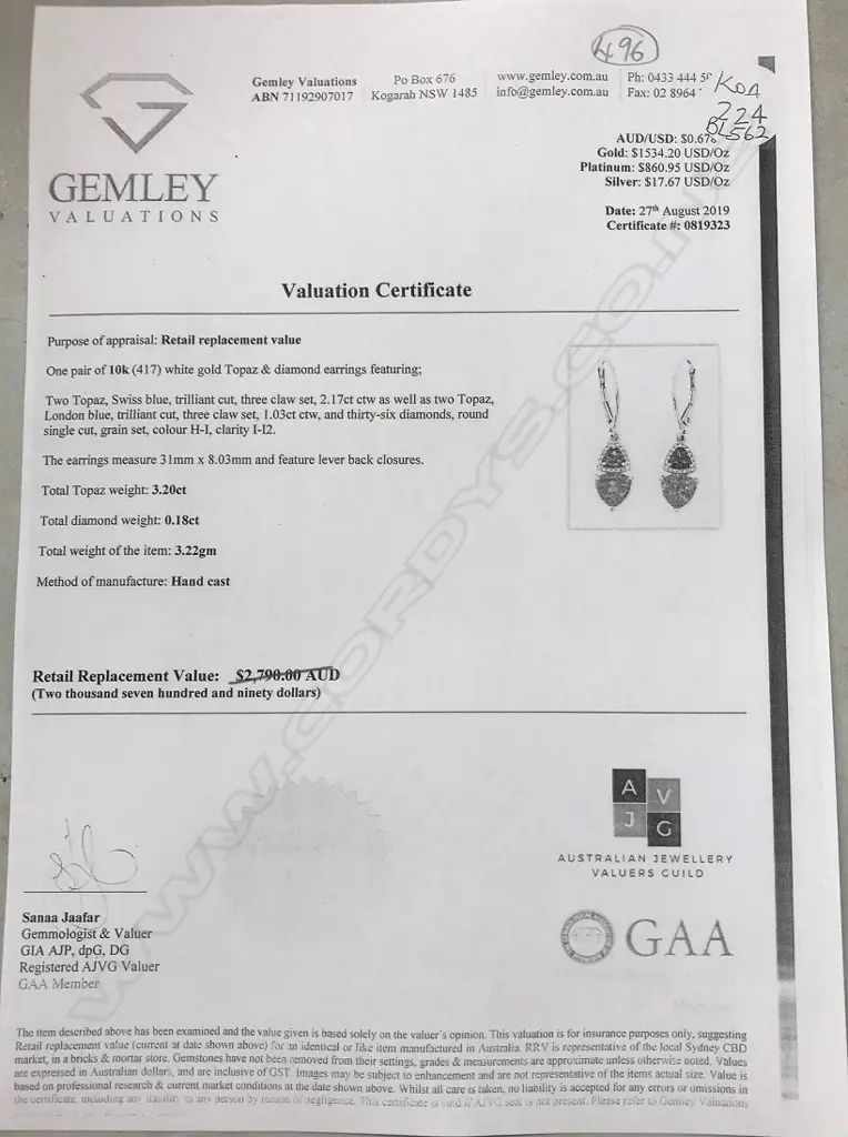 A pair of 10ct white gold topaz and diamond drop earrings Image 1++