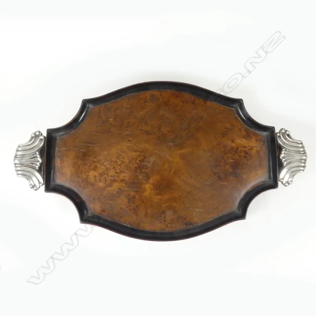A birds-eye maple tray with Italian silver mounted handles Image 1++