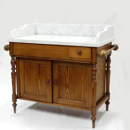 A miniature marble topped pine washstand