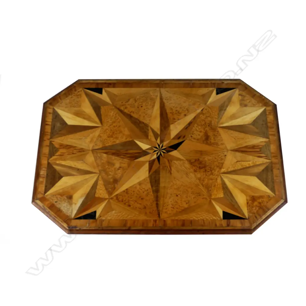 A good New Zealand colonial inlaid woods sewing table attributed to William Norrie Image 1++