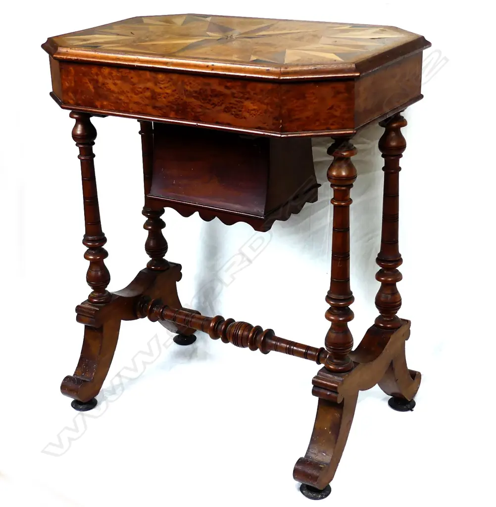A good New Zealand colonial inlaid woods sewing table attributed to William Norrie Image 1++