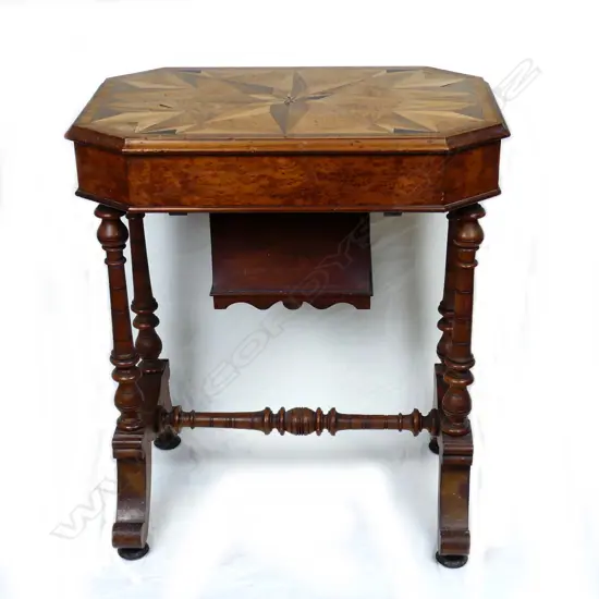 A good New Zealand colonial inlaid woods sewing table attributed to William Norrie