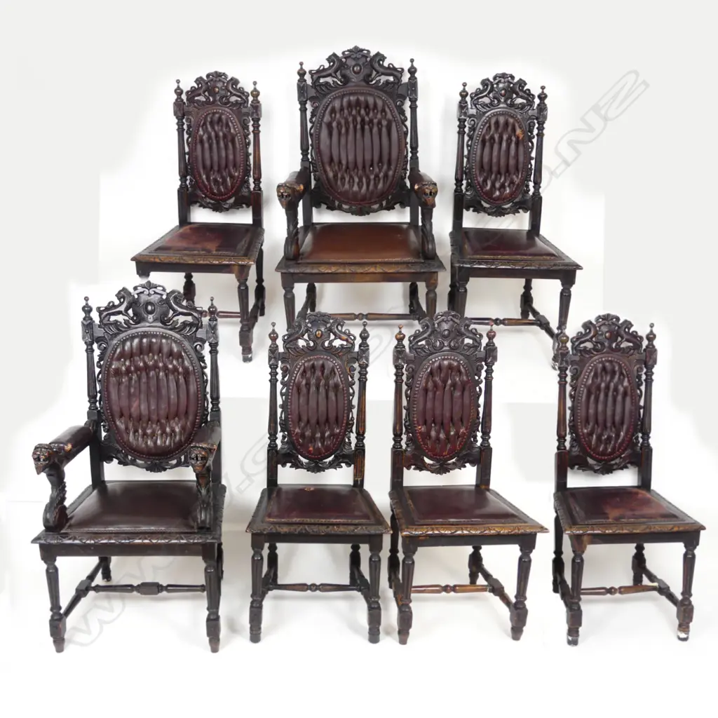 Seven Victorian baronial oak dining chairs Image 1++