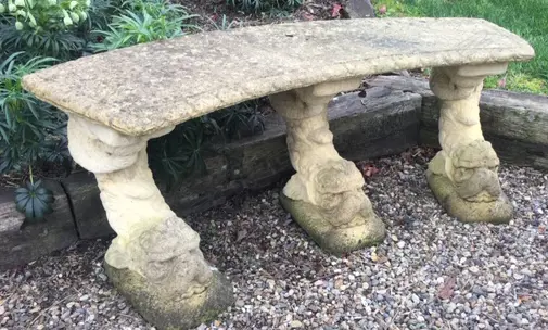 An old Haddonstone curved bench seat on triple dolphin fish base Image 1++