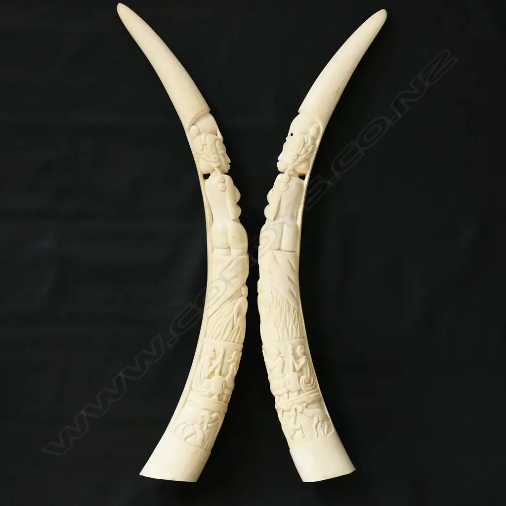 A pair of old African carved ivory tusks carved with a naked woman Image 1++