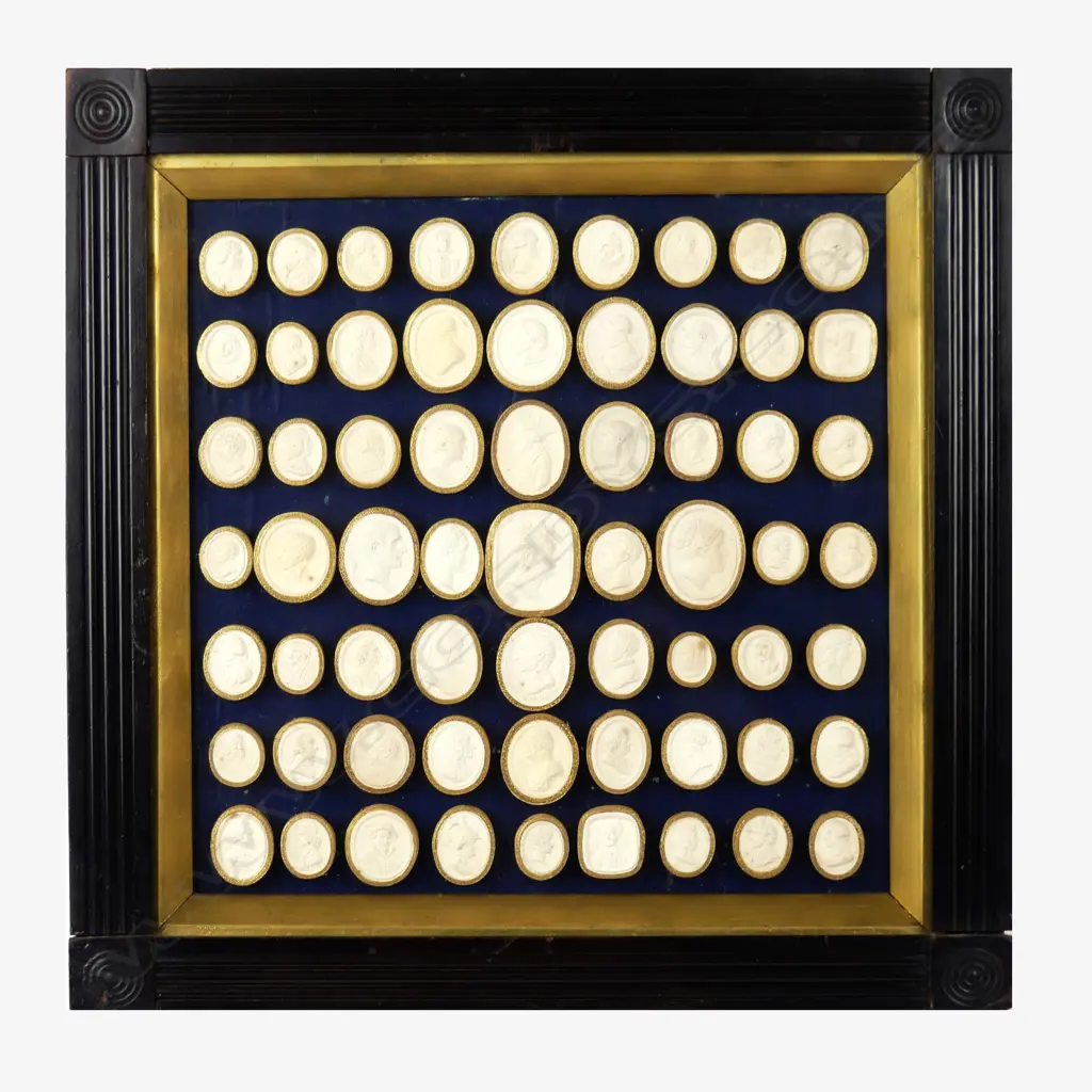 A framed group of 63 Georgian plaster cameos Image 1++