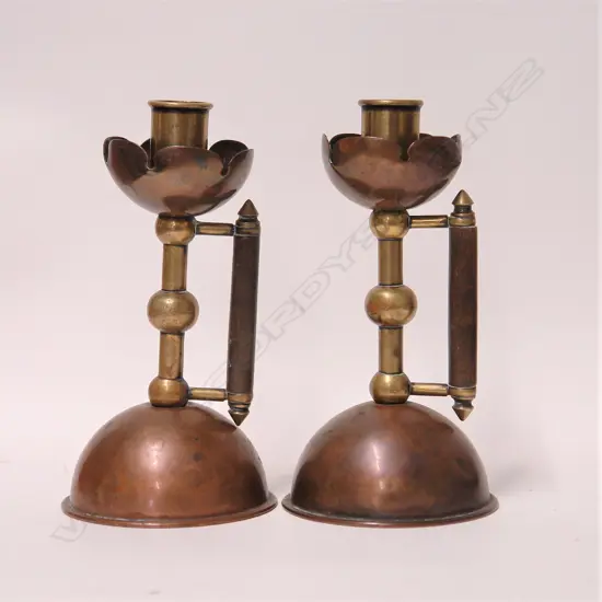 Dr Christopher Dresser design for Benham and Froud pair of Arts and Crafts copper and brass candlesticks