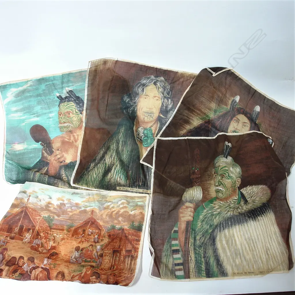 Five vintage silk Maori theme printed handkerchiefs Image 1++