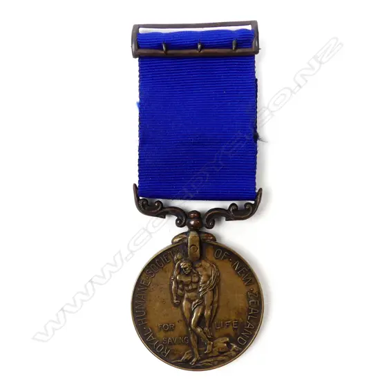 An uncommon bronze Royal Humane Society of New Zealand bravery medal and ribbon