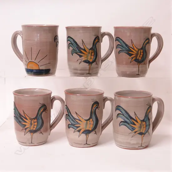 A set of six Elizabeth Lissaman bird decorated coffee mugs