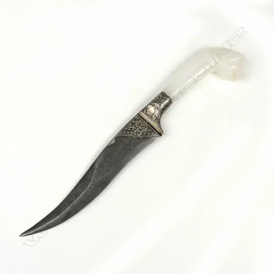 A 19thC Indian/Nepalese damascene silver and hardstone handled knife