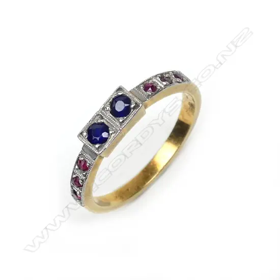 A c.1930 18ct. yellow gold and platinum sapphire and ruby ring