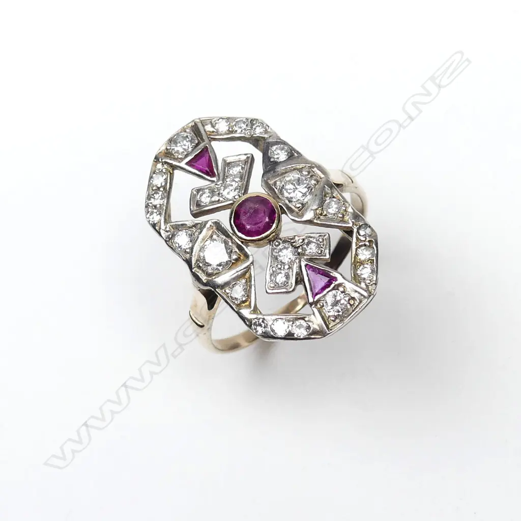 An Art Deco 9ct gold and silver diamond and ruby ring Image 1++