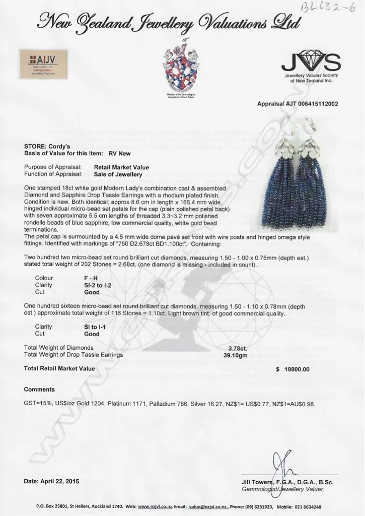 A pair of modern designer 18ct. white gold diamond and sapphire tassel drop earrings Image 1++