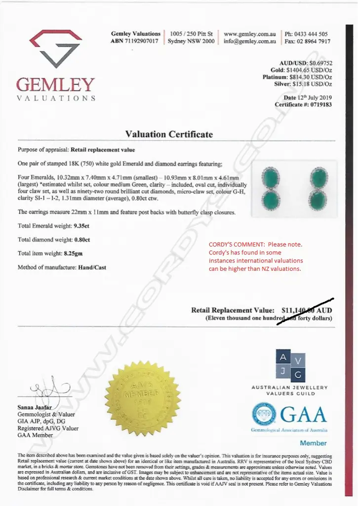 A pair of 18ct white gold emerald and diamond drop earrings Image 1++