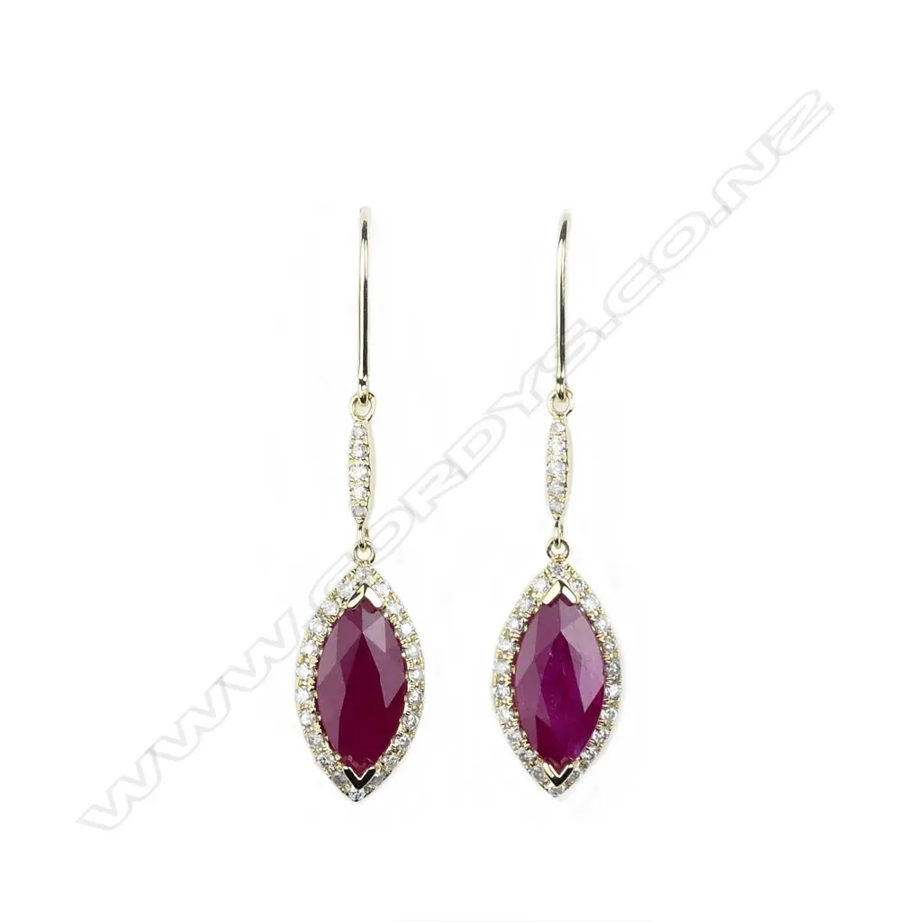 A pair of 14ct yellow gold ruby and diamond drop earrings Image 1++