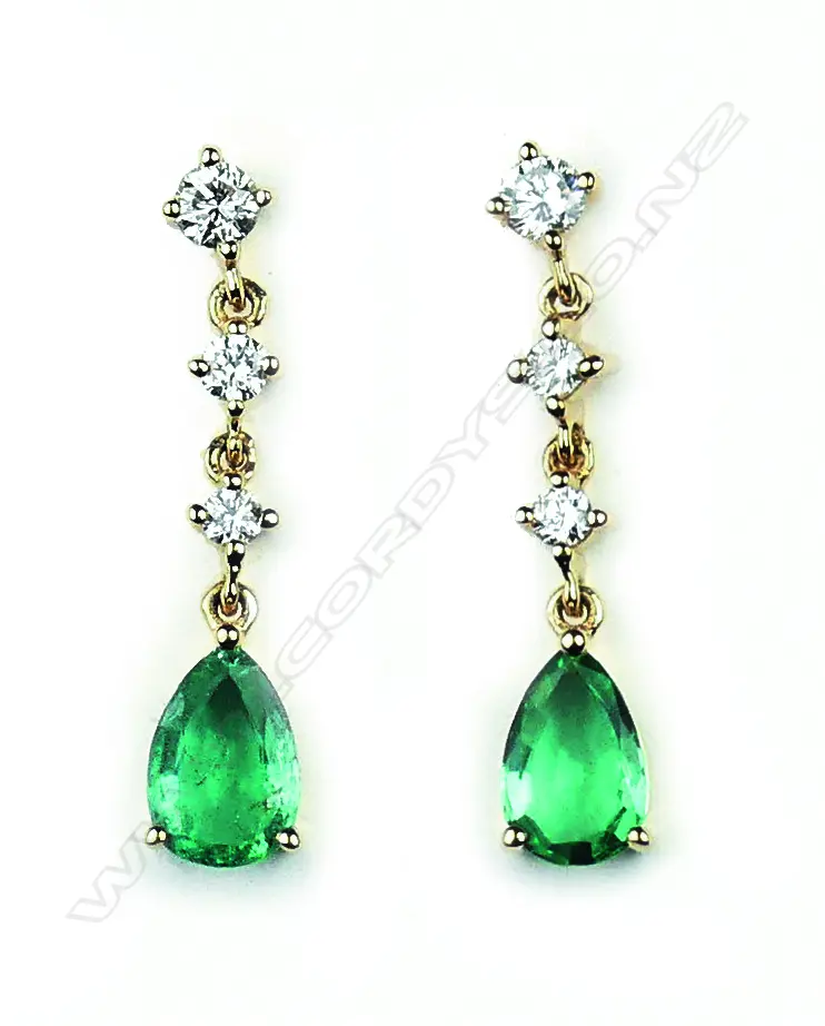 A pair of 14ct yellow gold emerald and diamond drop earrings Image 1++