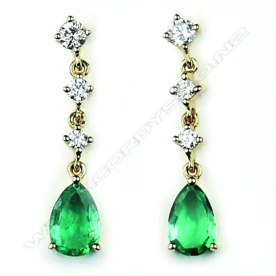 A pair of 14ct yellow gold emerald and diamond drop earrings