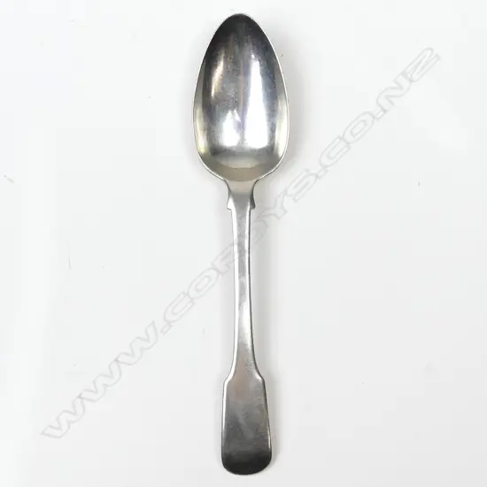A silver dessert spoon with counterfeit Georgian hallmarks