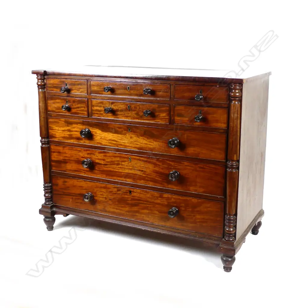A late Georgian mahogany chest of nine drawers Image 1++