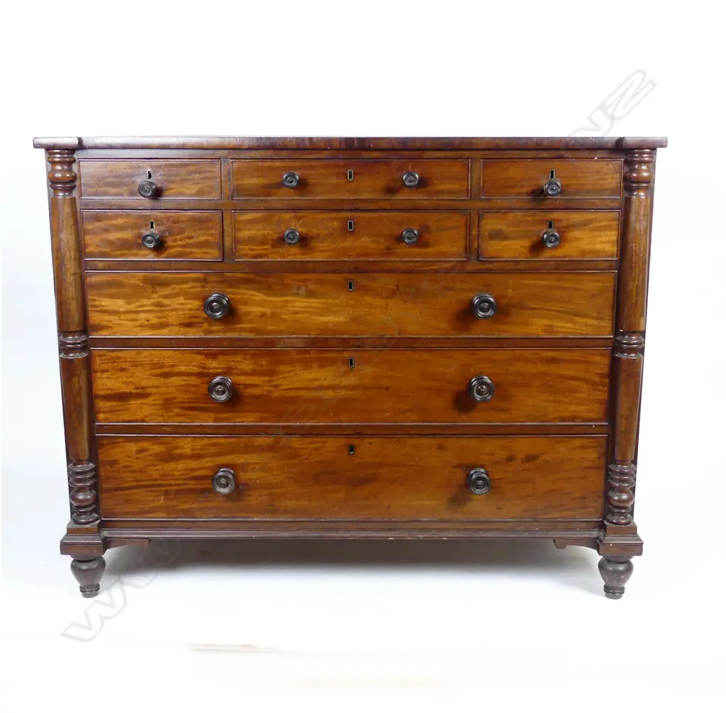 A late Georgian mahogany chest of nine drawers Image 1++