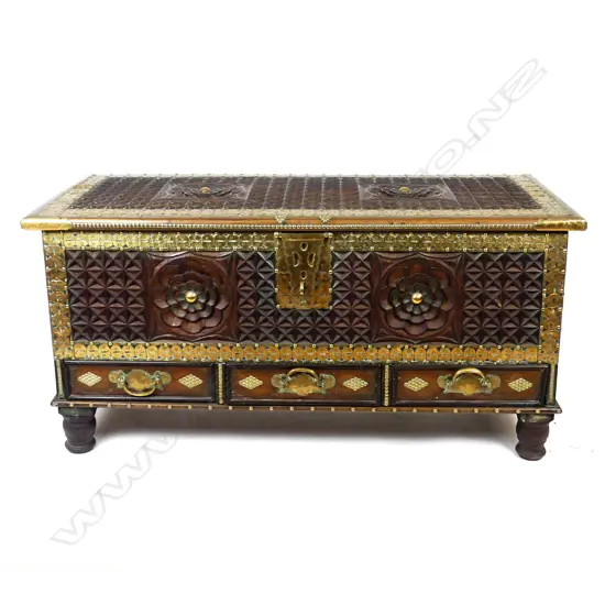An iroko (hardwood) and brass Zanzibar chest