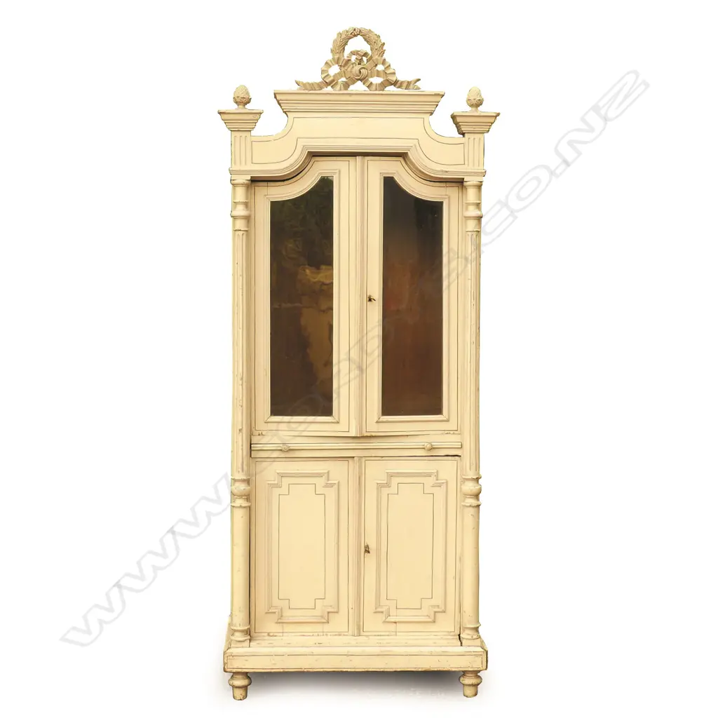 An old French paint finish bookcase cabinet with two glazed doors Image 1++