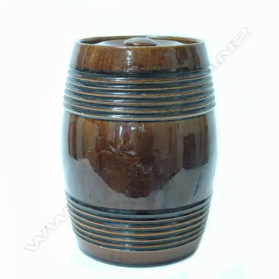 P. Hutson & Co. NZ colonial pottery brown glazed lidded barrel